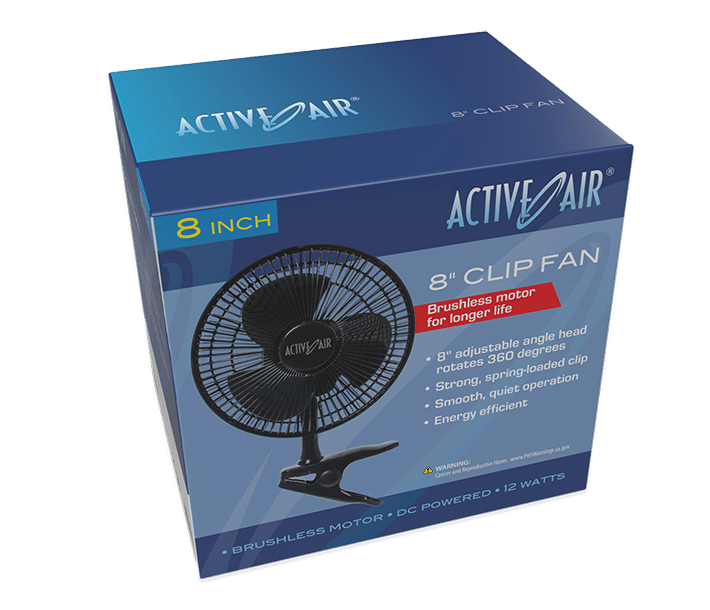 Active Air 8 inch clip fan packaging, front view, transparent background