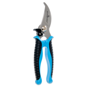 Hydrofarm heavy-duty bypass pruner shears with ergonomic blue and black handles, transparent background