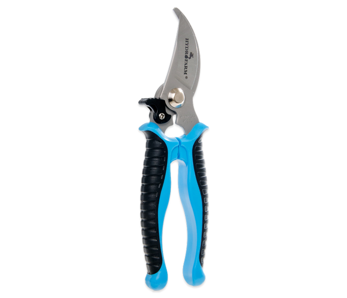 Hydrofarm heavy-duty bypass pruner shears with ergonomic blue and black handles, transparent background