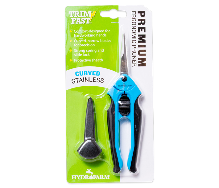 Hydrofarm Ergonomic Curved Stainless Steel Precision Pruner in Packaging with Green Accents
