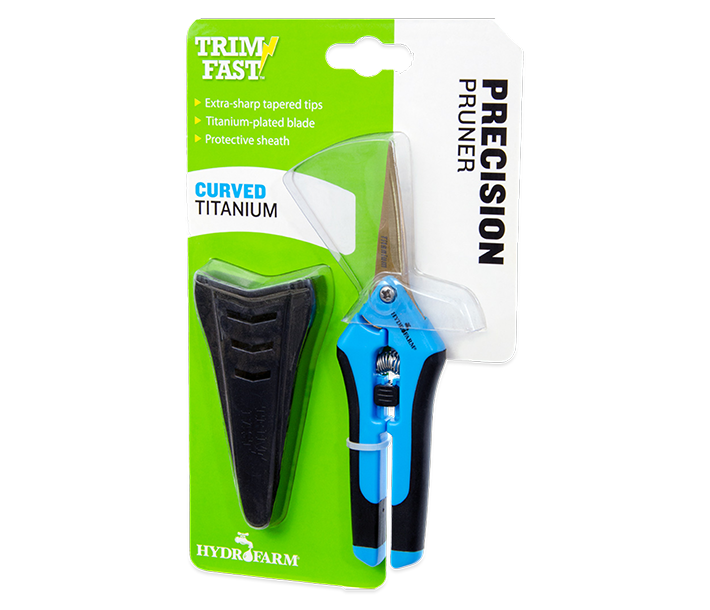 Hydrofarm Precision Pruner with Curved Titanium Blade and Protective Sheath in Packaging