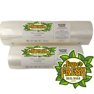 Two rolls of SuperFresh Seal Bags displayed vertically, one labeled '15 in x 50 feet' and the other '11.5 in x 50 feet,' both in clear material. Each roll is labeled with the brand's logo, product details, and features such as freezer and microwave safe, food-grade material, and compatibility with most commercial vacuum sealers. The packaging also indicates that the product is BPA-free.