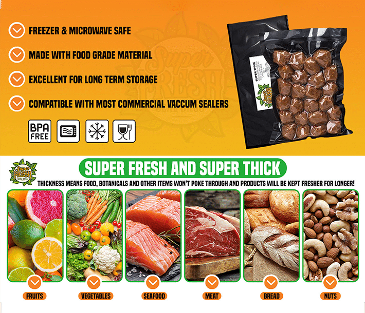 An advertising image for SuperFresh Seal Bags highlighting features such as freezer and microwave safety, food-grade material, long-term storage capability, compatibility with commercial vacuum sealers, and BPA-free certification. It showcases the bags' effectiveness with various food groups such as fruits, vegetables, seafood, meats, bread, and nuts, with vivid images of each category. The central message, 'Super Fresh and Super Thick,' underscores the durability and quality of the bags in preserving freshness.