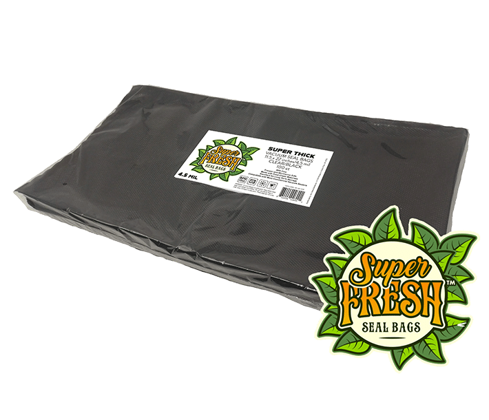 A black square of black and clear bags from SuperFresh Vacuum Seal Bags, measuring 11.5x22 inches. The bag is displayed with a prominent logo of the brand featuring green leaves, suggesting freshness. A white label on the bag includes product details and a QR code.