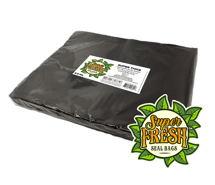 A pack of SuperFresh Vacuum Seal Bags in black and clear colors, size 15x18 inches, lying flat. The bags are super thick and suitable for vacuum sealing. The package features a label with the brand's sunburst logo surrounded by green leaves and product specifications, including a QR code.
