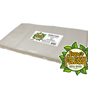 A stack of clear SuperFresh Seal Bags, super thick and suitable for vacuum sealing, each measuring 11.5x22 inches. The stack is sealed and carries a label featuring the SuperFresh logo with green leaves, detailed product information, and a QR code.