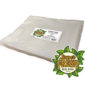 A pack of clear, super thick SuperFresh Seal Bags designed for vacuum sealing, with dimensions of 15x18 inches. The pack has a white label showing the SuperFresh logo adorned with green leaves and product details, including a QR code, on a clear background.